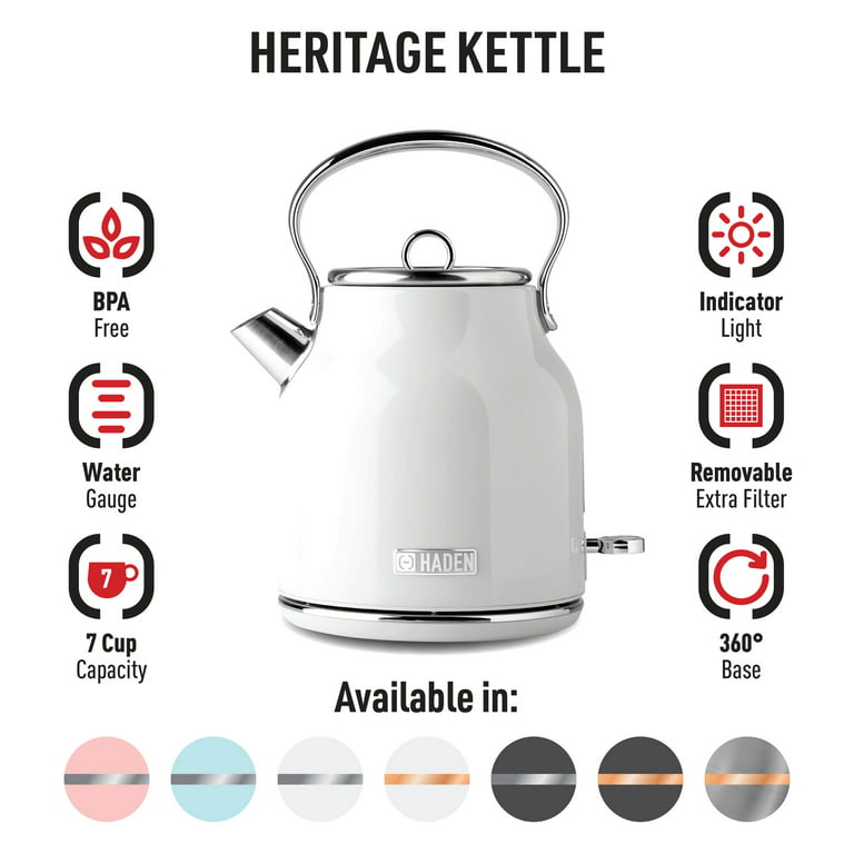 Haden Heritage 1.7 Liter Stainless Steel Body Retro Electric Tea Kettle,  White