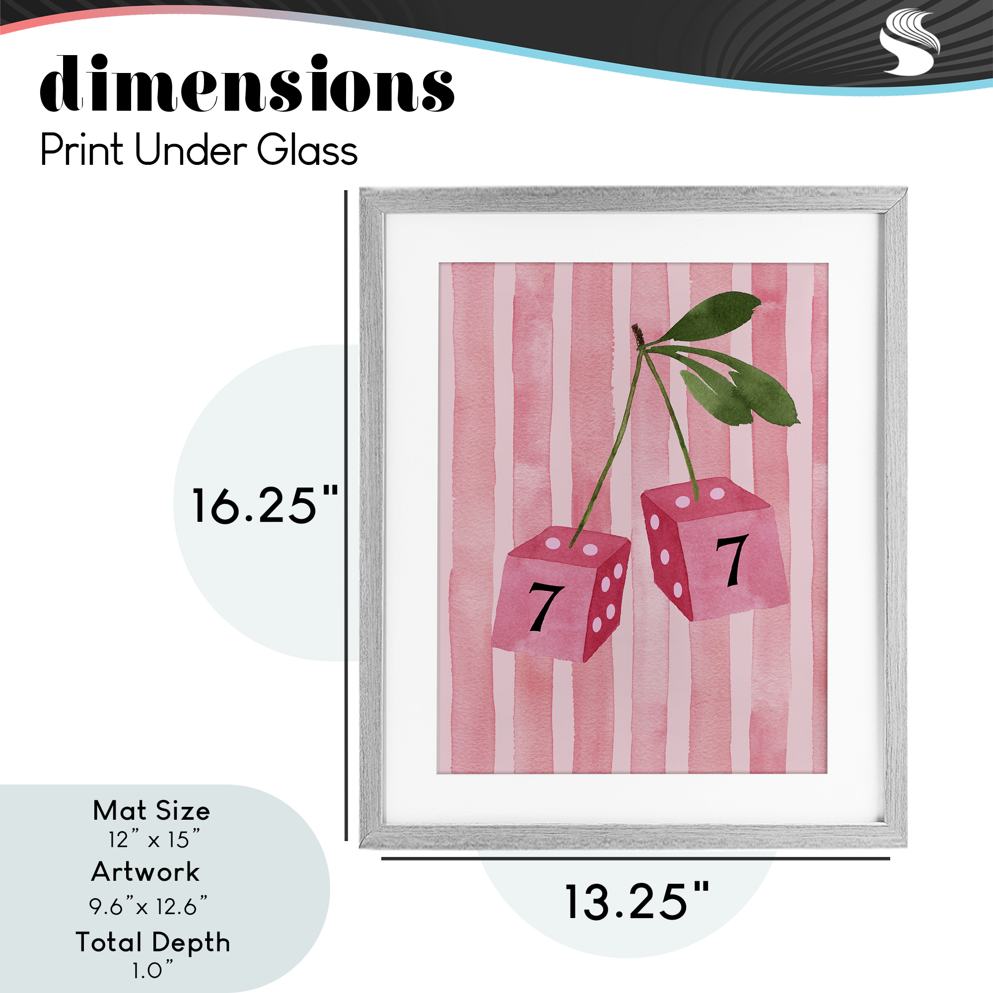 Lucky Number 7 Cherry Dice Gray Framed Print Under Glass, design by Nina Jacobs