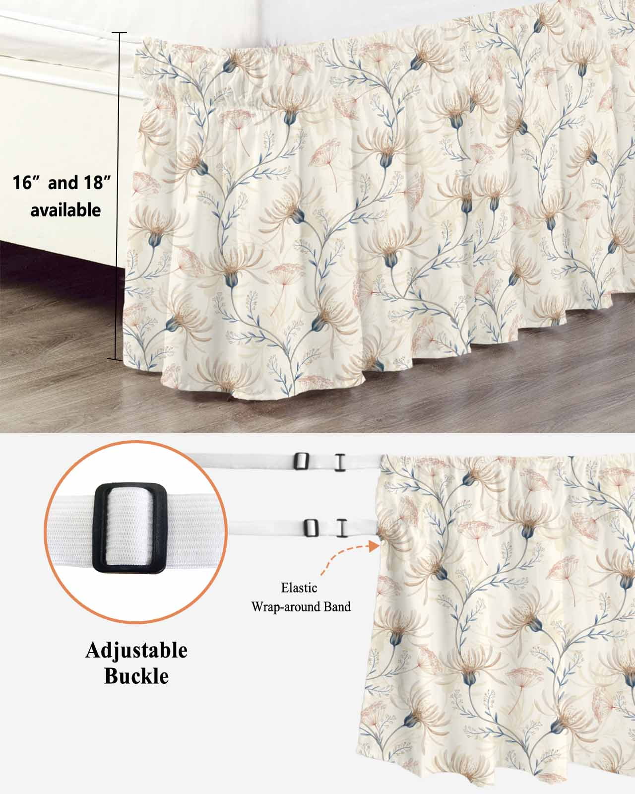 Beige Flowers Wrap Around Bed Skirts for California King Bed 18" Drop,Bed Skirt with Adjustable Elastic Belt Dust Ruffle Bed Valance for Bedroom Watercolor Farmhouse Botanical Floral Bed Frame Cover
