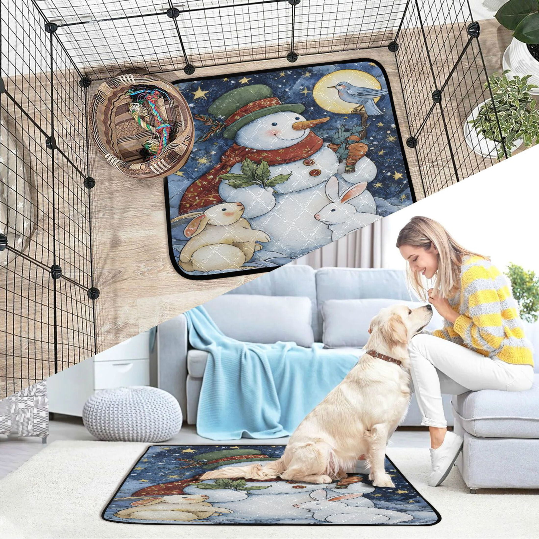 Qxltty Snowman with Rabbits Cat litter Pads Pet Set of 2 Diaper Mats Center Anti-leakage Layer Absorbent Soft and Comfortable