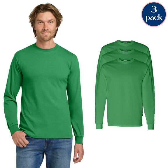Gildan Men’s Heavy Cotton Long Sleeve T-Shirt, Rib Collar Irish Green Casual Tee, Bulk 3 Pack, S