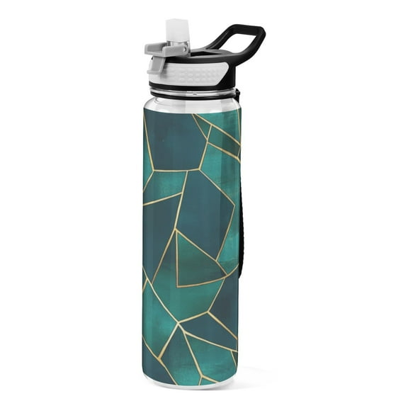 Qxltty Green Gold Foil Pattern Water Bottle 32 oz with Straw BPA Free Reusable Fitness Sport Bottle Perfect for Travel School Outdoors and Gym