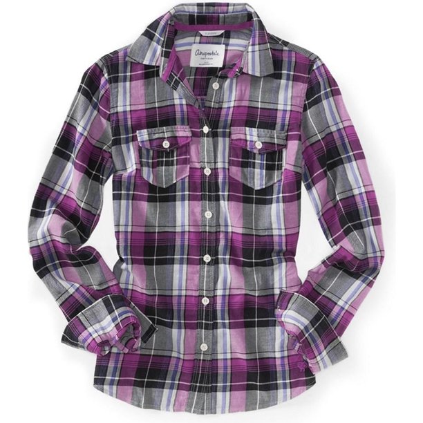 Aeropostale Camisa con botones a cuadros brillantes para mujer, Púrpura, X-Large Aeropostale Camisa con botones
