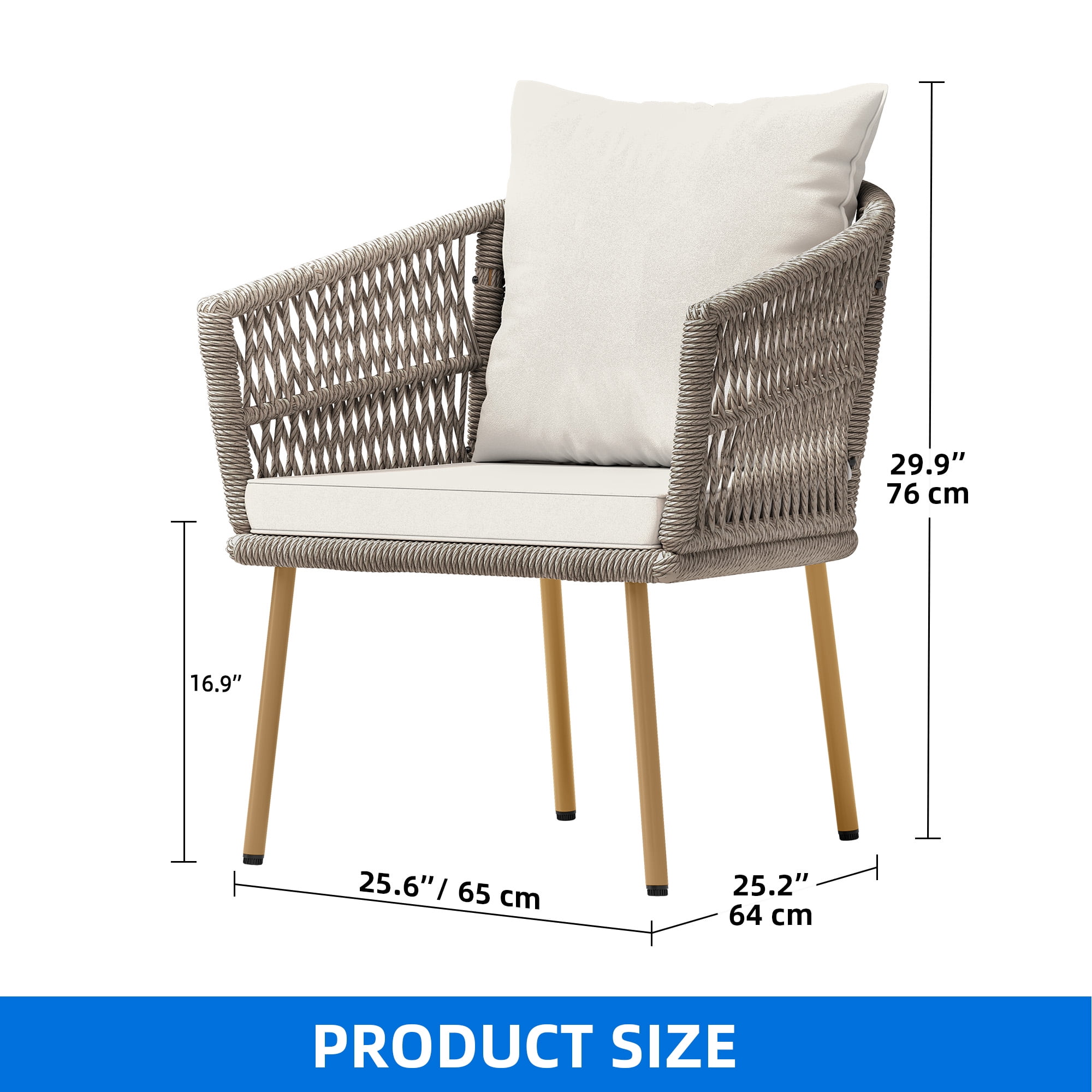 Dextrus Wicker Armchair, Single Bistro All-Weather Wicker Patio Outdoor Dining Chair, Rattan Armchair Seating with Cushion - Beige