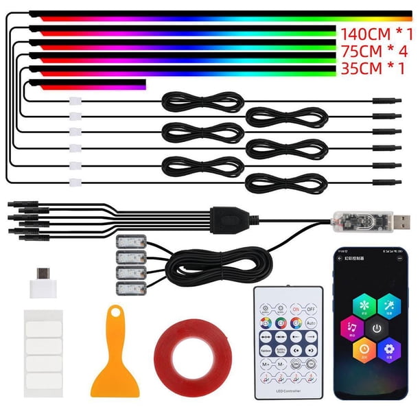 Kit de luces interiores RGB dinámicas Neoflow, iluminación ambiental para interiores de coche, tiras de luces LED, kit de 6 tiras, para crear un espacio dinámico y colorido (kit + 4 reposa