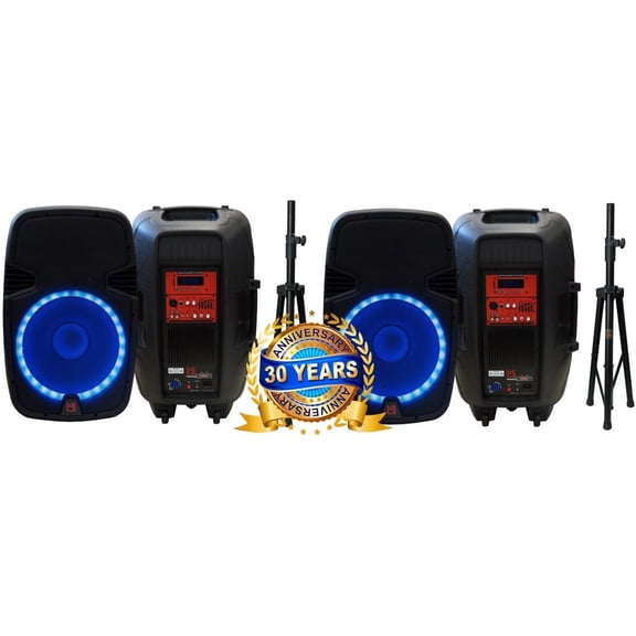2 MR DJ PBX2690LB 15" Bluetooth Speaker   Stand<br/>2-way 15" PA DJ 3500 Watts Active Powered Bluetooth Karaoke Speaker with LED Accent Lighting   Speaker Stand