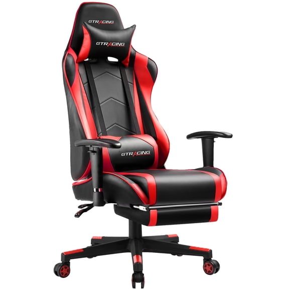 GTRACING Gaming Chair, Ergonomic Office Desk Chair with Lumbar Support, PU Leather, Footrest & Adjustable Headrest, Red