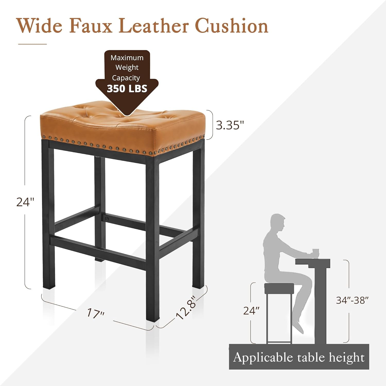 Dycanpo 24” Saddle Bar Stools Set of 3 with Modern Metal Legs, for Home Kitchen, Whiskey Brown