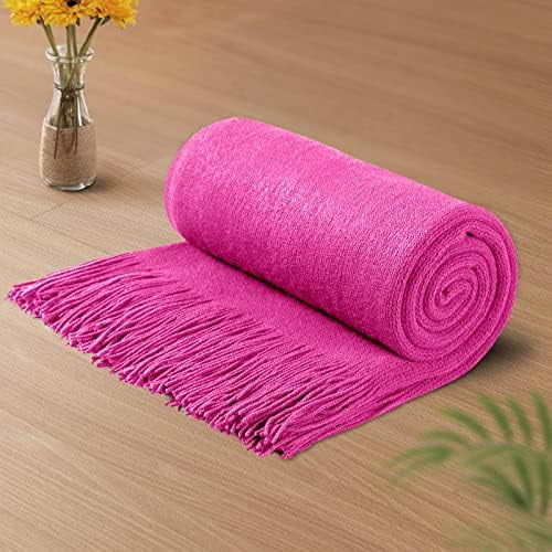 Hot Pink Knitted Blanket with Tassels Fringe 50" x 60", Super Soft Knit Throw Blanket, Farmhouse Decorative Lightweight Blanket for Couch, Sofa, Bed