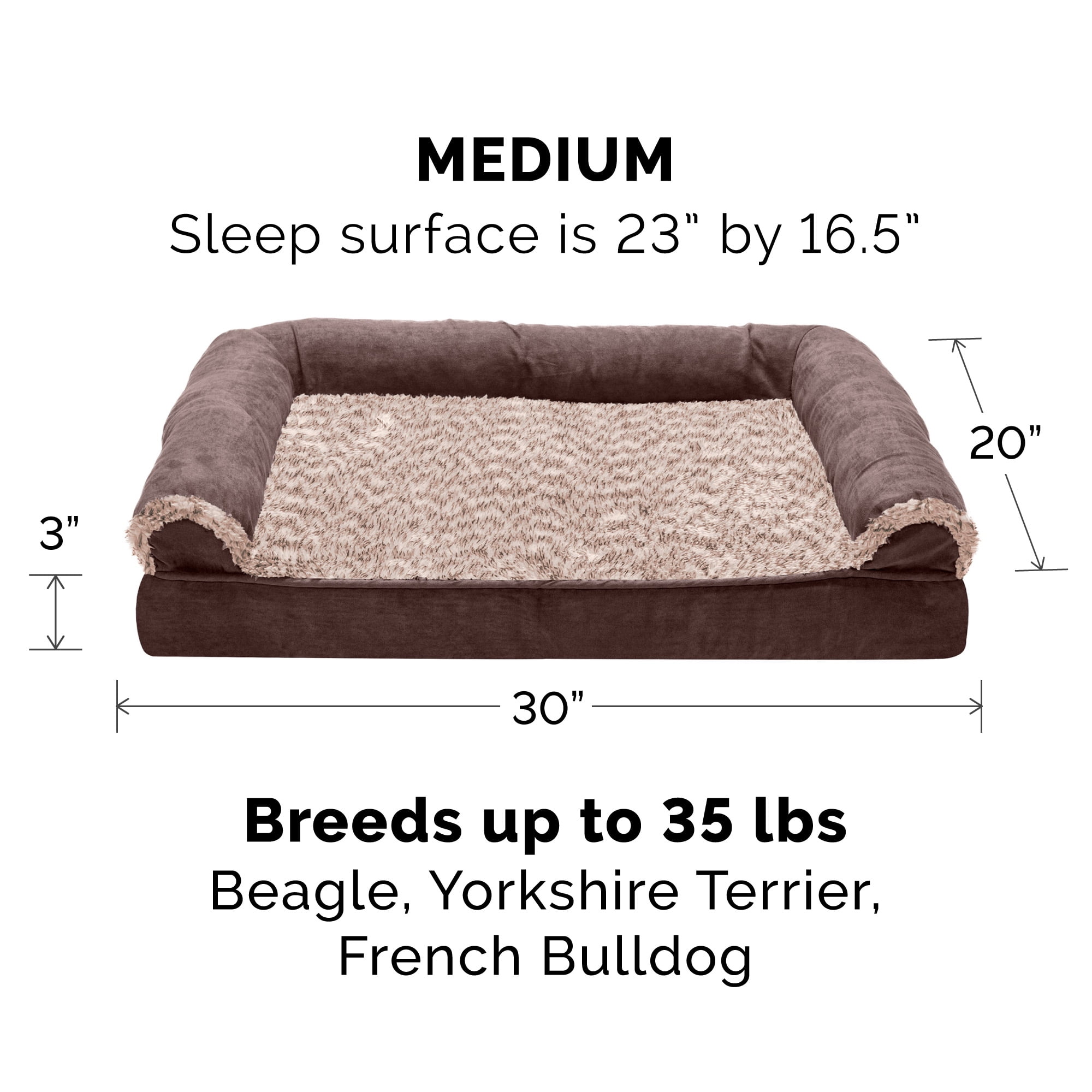FurHaven Two-Tone Faux Fur & Suede Orthopedic Sofa Pet Bed for Dogs & Cats - Medium, Espresso