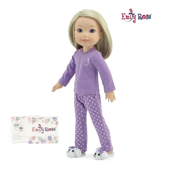 Emily Rose Doll Pajamas Purple Polka Dot with Puppy Slippers 4-Piece 14-inch