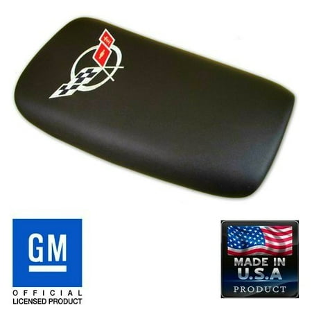 - C5 Corvette Center Console Pad Lid Black Leather with Silver Cross Flag Embroidered Emblem Fits: All 97 through 04 Corvettes