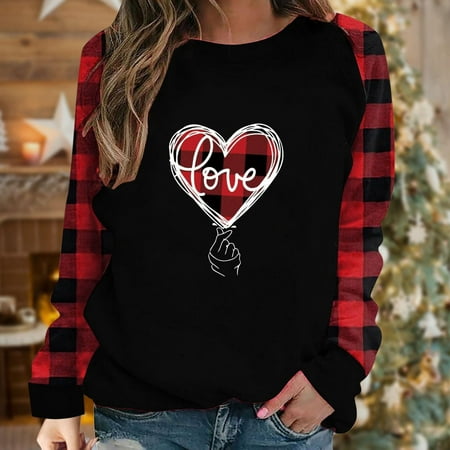 

Hvyesh Oversized Sweatshirt For Women Womens Valentine s Day Love Heart Print O Neck Sweatshirt Casual Long Sleeve Round Neck Loose Fit Pullover Tops Black shirts for women XXL
