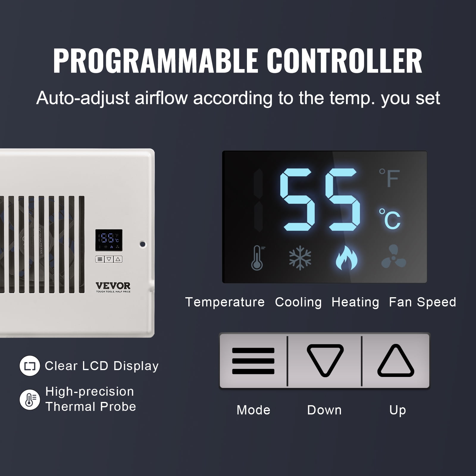 VEVOR Quiet Register Booster Fan 6 x 10”, Smart Register Vent with Thermostat Control, Heating & Cooling AC Vent Booster Fan, White