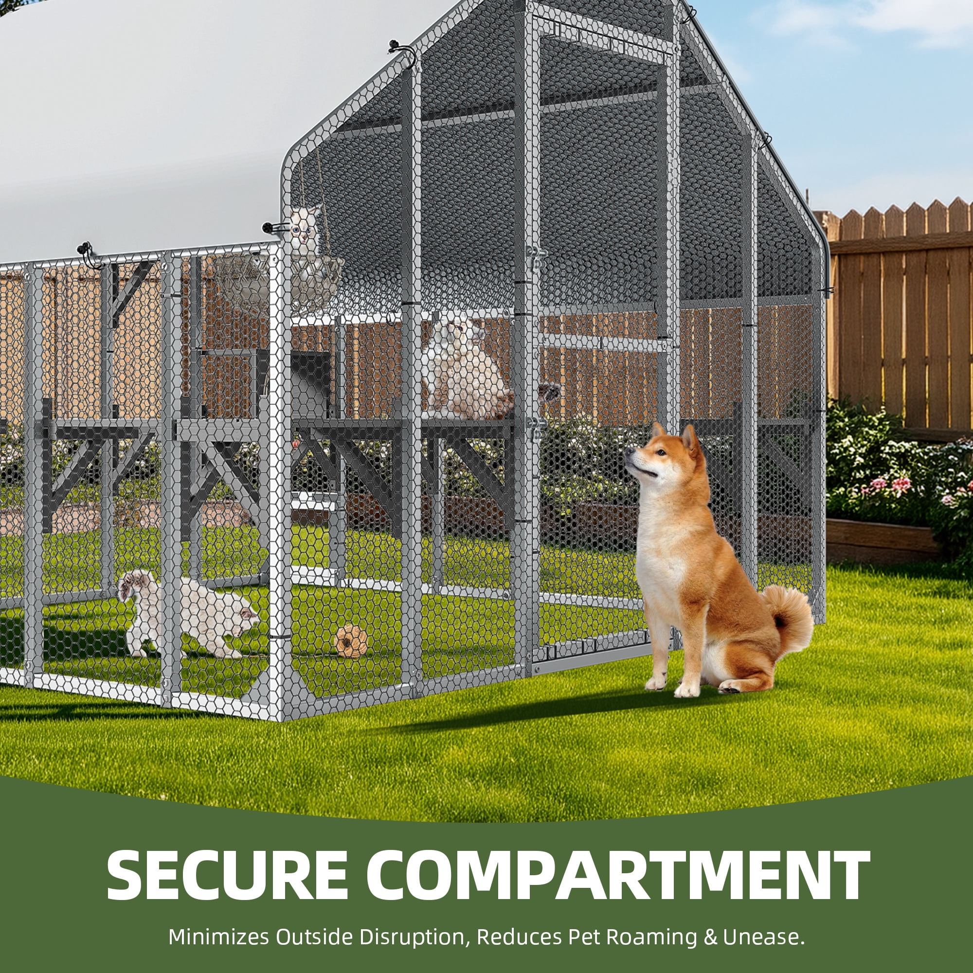 Uforic 94 Inch Outdoor Cat Enclosure, Extra Large Metal Catio for Multiple Cats, Weatherproof Roof Cat Cage with 7 Platforms, 2 Resting Boxes & Cat Hammock Bed, Sliver