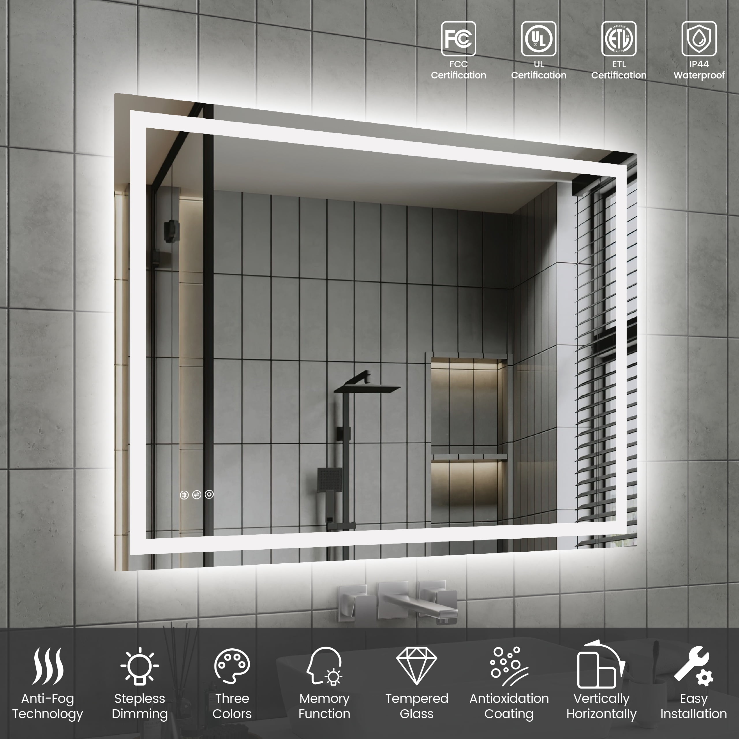 48"x36" LED Bathroom Mirror, Front-Lit and Back-Lit, 3 Color Tem Adjustable, Brightness Memory, Anti-fog LED Vanity Mirror[Unable to ship on weekends]