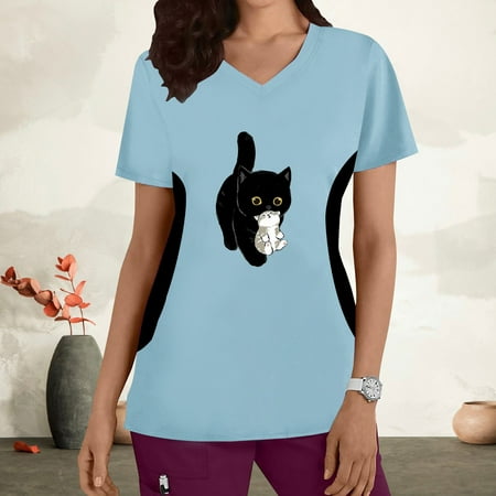 

wo-fusoul Summer Savings Clearance! Womens Scrubs Tops Short-Sleeve Cute Cartoon Graphics Nurse Uniform Crew Neck Working Uniform Patchwork Color T-Shirts Casual Blounce w/Pockets