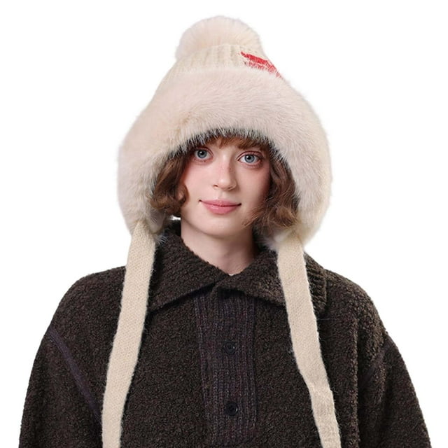 TINZ Winter Jacquard Hat With Large Ear For Thick Knitted Face Cold Weather Babushka Hat Bonnet
