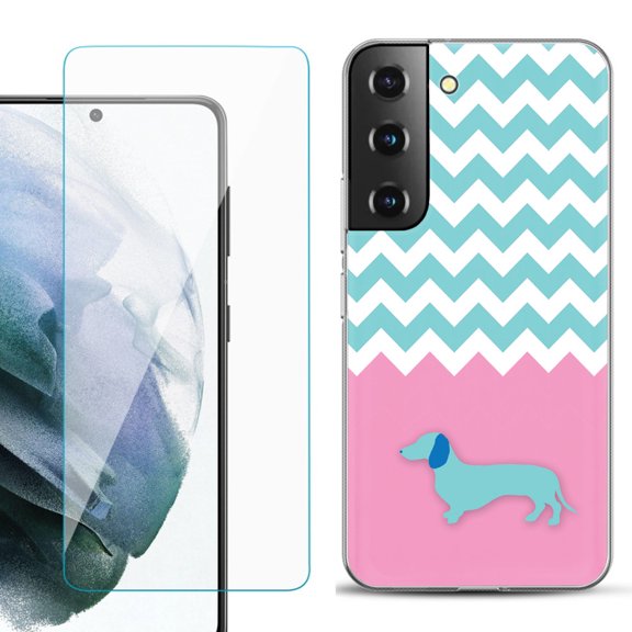 Slim-Fit TPU Fashion Phone Case for Samsung Galaxy S22 5G, with Tempered Glass Screen Protector, by OneToughShield ® - Chevron/Dachshund/Puppy