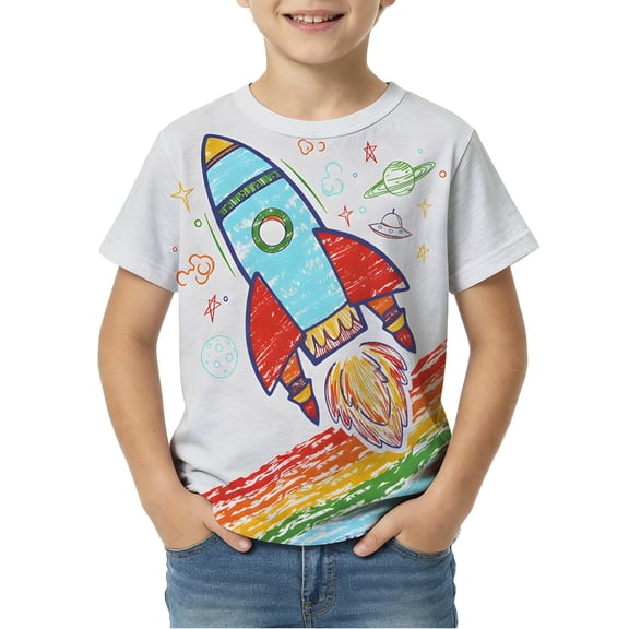 lnmuld Kids Rainbow Rocket Ship Graphic Short Sleeve T-Shirt Color:White,Size:8-9 Years