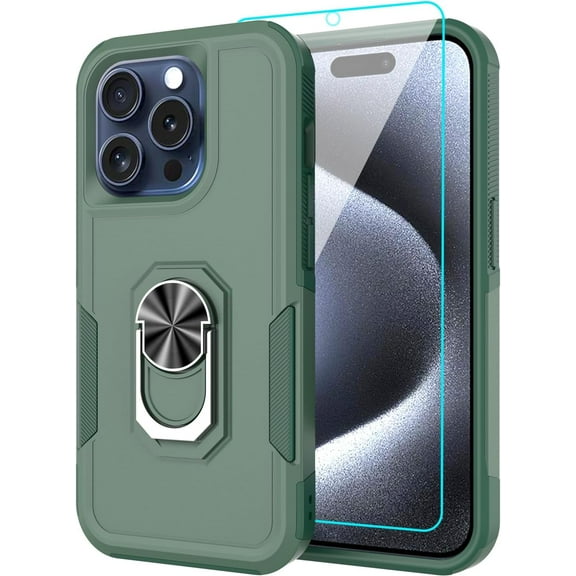 Compatible for Apple iPhone 15 Pro Case with Tempered Glass Screen Protector,Heavy-Duty Tough Rugged Phone Case Cover with Ring Holder Kickstand for iPhone 15 Pro (6.1", 2023) [Dark Green]