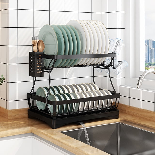Double-Layer Kitchen Dish Storage Rack For Dishes Chopsticks Black Storage Rack