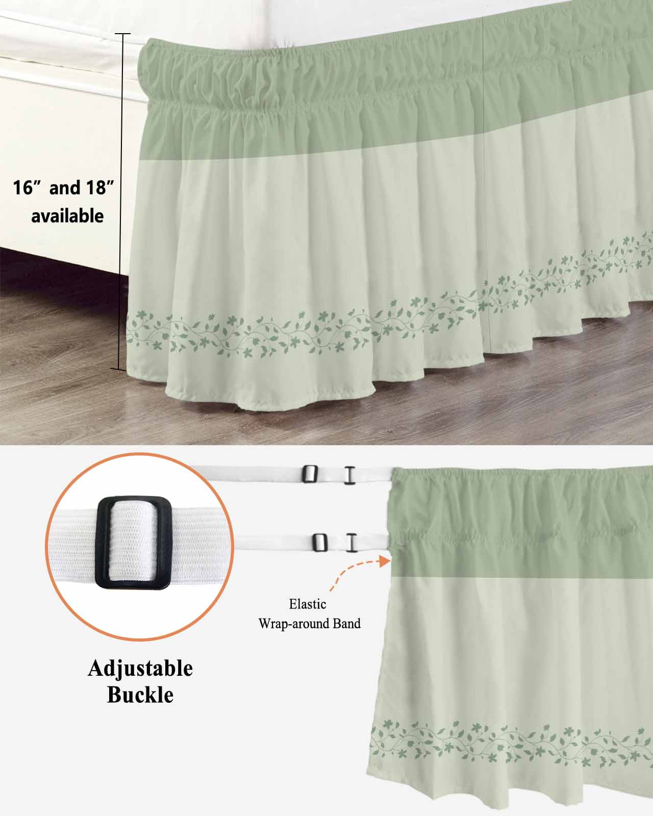 Spring Leaf Bed Skirt Queen Size 18 Inch Drop, Spring Sage Green Leaf Branch Plant Green Background Adjustable Elastic Dust Ruffles Bedskirt for Queen Bed Wrap Around Pleated Mattress Frame Cover