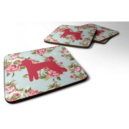 

Caroline s Treasures BB1114-RS-BU-FC Set of 4 Poodle Shabby Chic Blue Roses Foam Coasters 3 1/2 x 3 1/2 multicolor