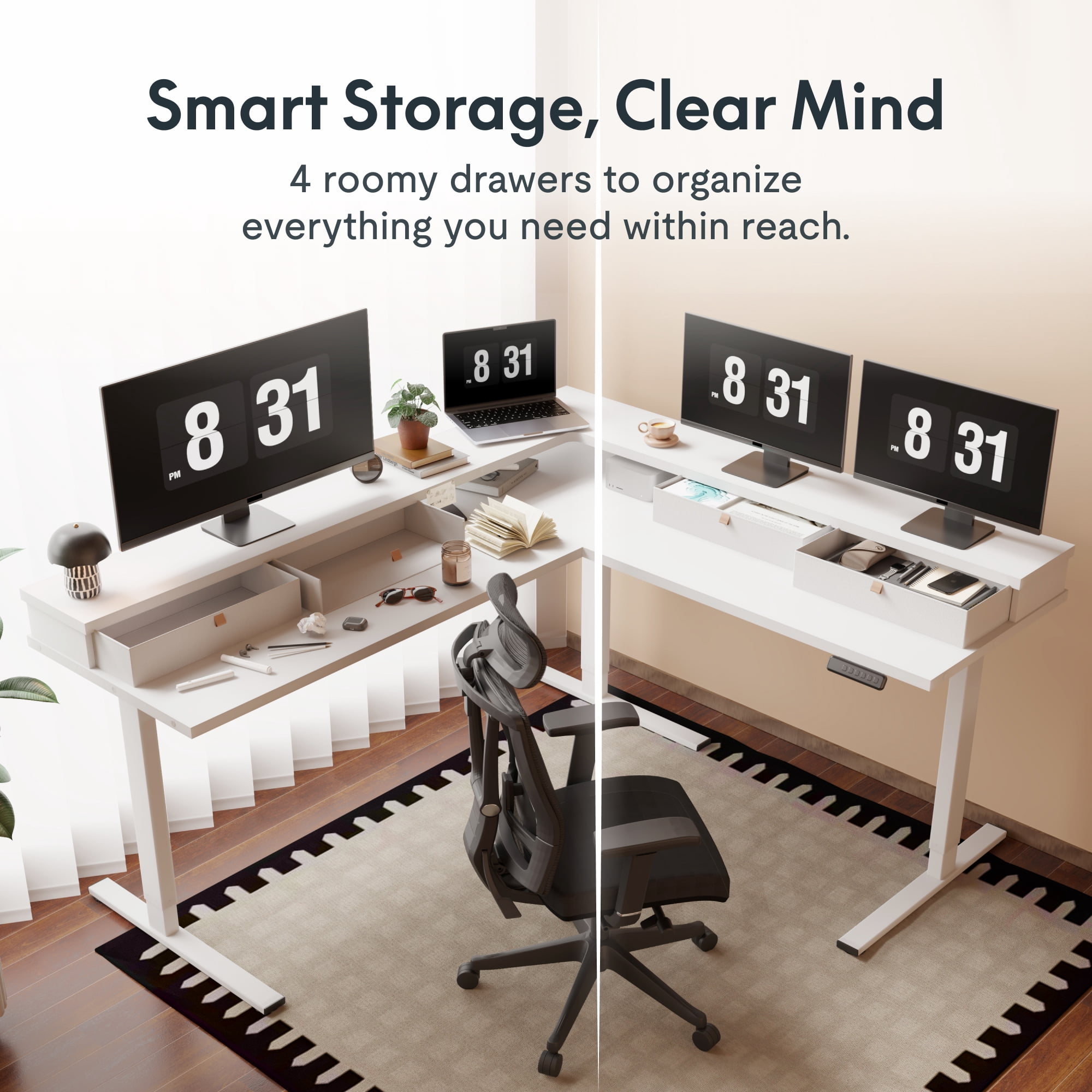 FitStand 63'' L Shaped Electric Standing Desk, Height Adjustable Electric Corner Standing Desk with Shelf and Drawers, White
