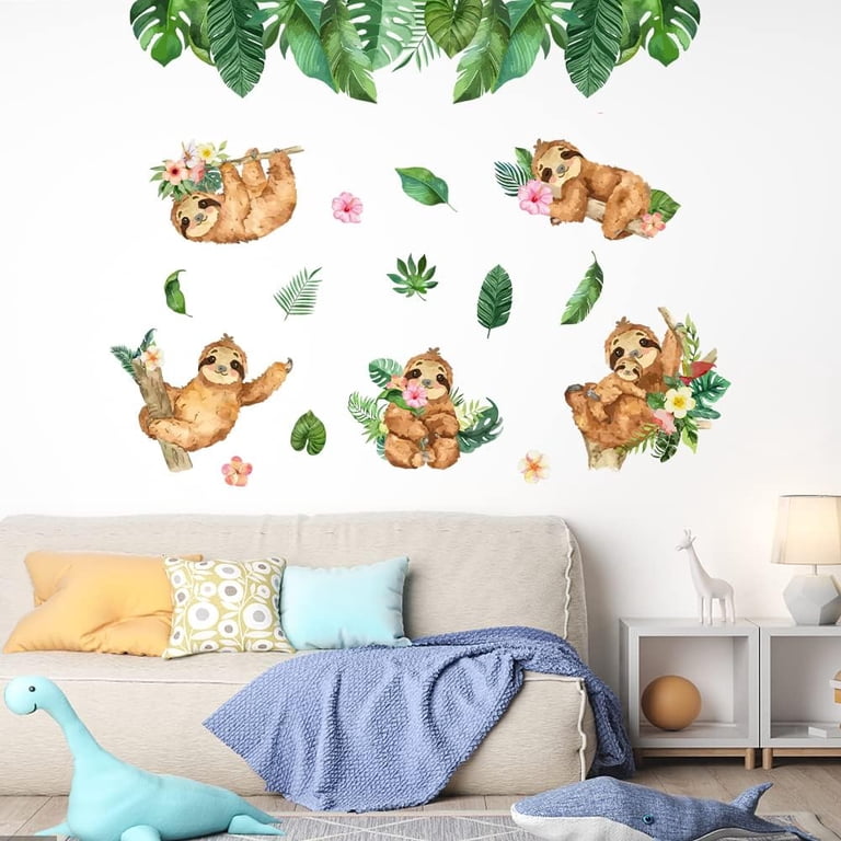 SUPERDANT Sloth & Tropical Plants Wall Stickers - Peel & Stick Vinyl Decals For Kids Room, Nursery, Bedroom