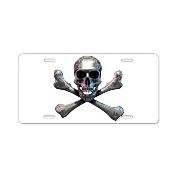 CafePress - Chrome Skull And Crossbones - Aluminum License Plate, Front License Plate, Vanity Tag