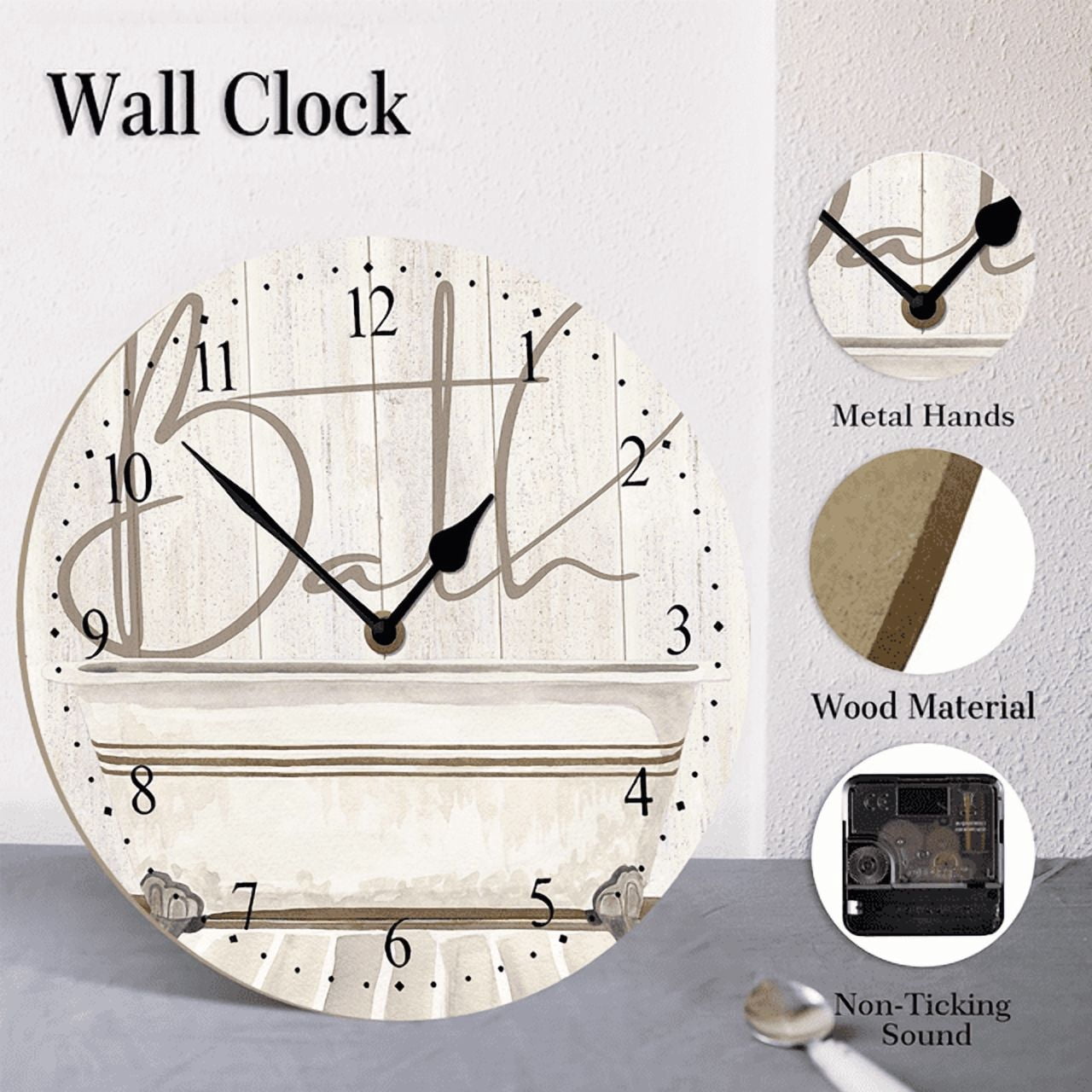 Ymaotrade Bath Decorarion Wood Wall Clock 10in Battery Operated Non-Ticking Wall Clock, Rustic Farmhouse Style Wall Clocks for Coffee Home Bathroom Washroom Funny Restroom Toilet