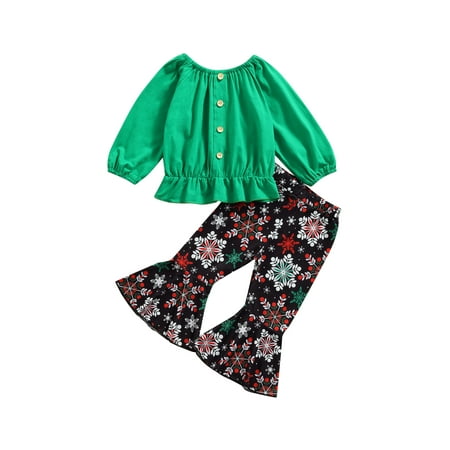 

ZIYIXIN Toddler Baby Girl Christmas Clothes Ruffles Crop Top Snowflake Plaid Flare Pants Bell Bottoms 2Pcs Outfits Green 3-4 Years