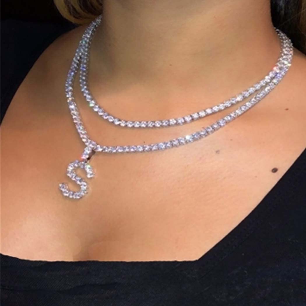 TESNN Rhinestone Choker Necklace Silver 