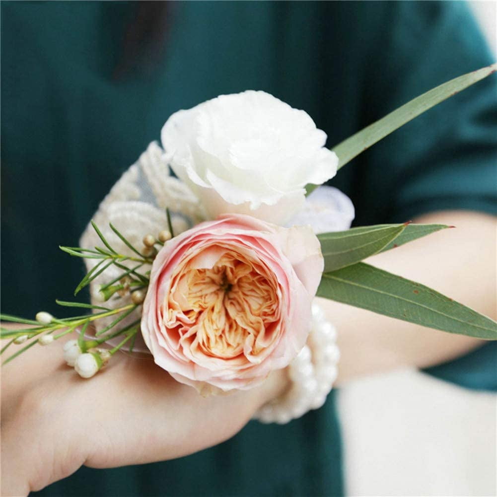 Axnhbubu 4pcs Pink Rose Wedding Girls Wrist Corsage Braceletsbridesmaid Pearl Braceletwomens Hand Flowers for Wedding Party Promhomecoming Corsage