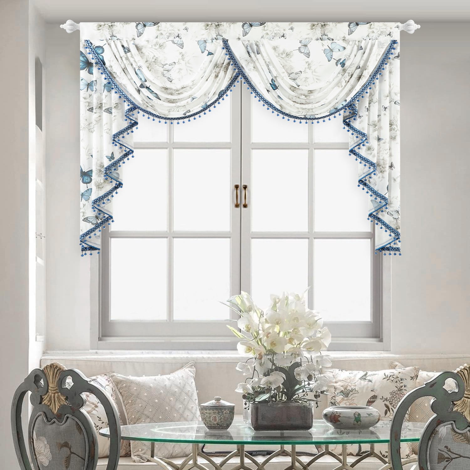 VOGOL Sheer Valance Curtains, Butterflies Print Rod Pocket Design Drapes for Kitchen Nursery, 59x43 Inches