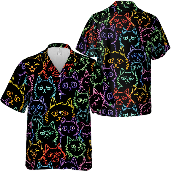 Lotusprinthandmade Neon Cat Short-sleeve Hawaiian Shirt S-5XL (S)