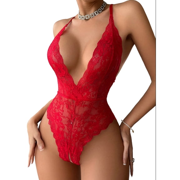 QYLUX Sexy Lingerie for Women Deep V Teddy Sheer Lace Bodysuit One Piece Babydoll,Red,L