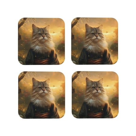 

Leather Coasters Set of 4 - Lakeside Flower Field Cat Lightweight Non-Slip Drink Coasters for Desk Anti-Scalding Desk Cup Coasters for Office Table Decor Square