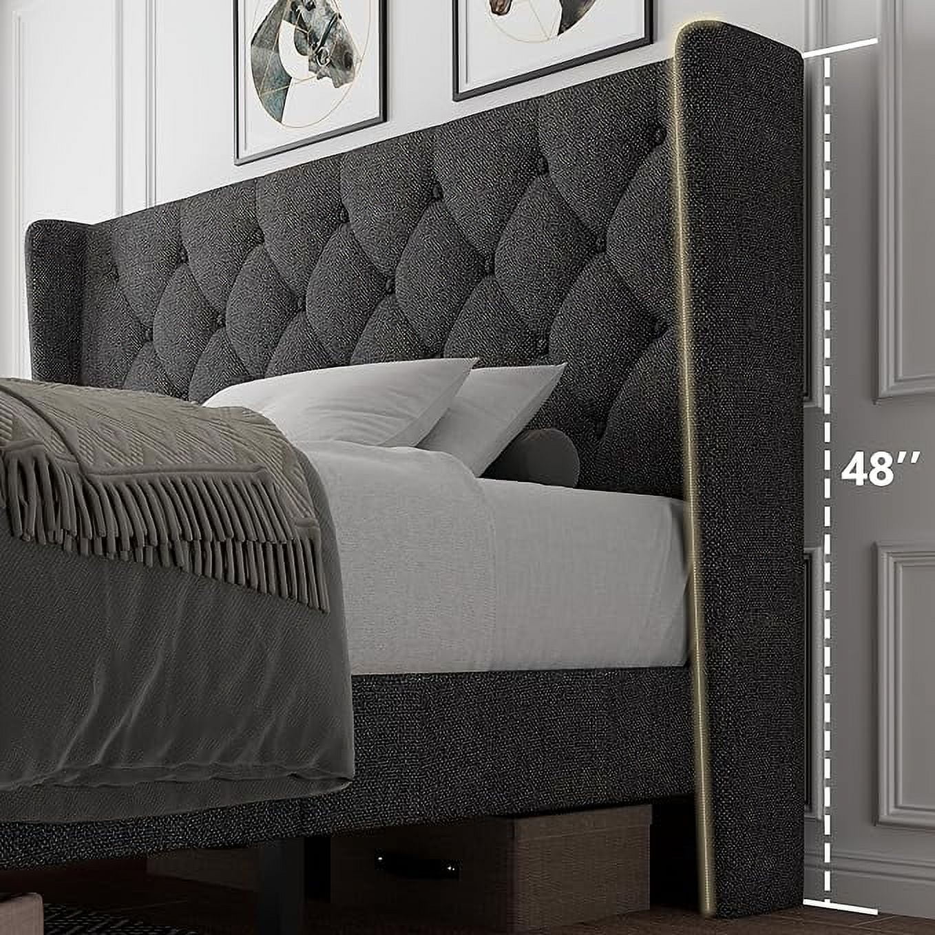 iPormis Queen Size Bed Frame with Diamond Button Tufted Wingback Headboard, Upholstered Platform Bed Frame with Strong Wood Slat Support, No Box Spring Needed, Dark Grey