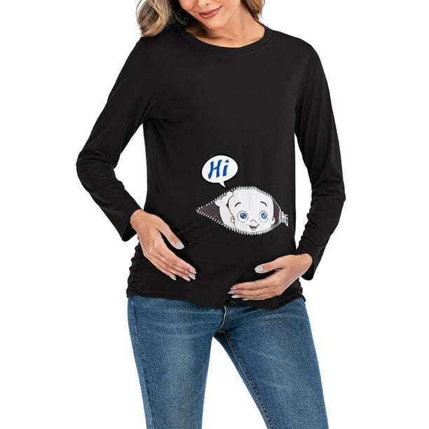 Camisas de Maternidad Para Mujer Blusas Estampado de Bebé Vestir Top Algodón Cuello Redondo Manga Larga Color Sólido Odeerbi ODB123400