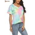 thumbnail image 5 of Spencer Womens Tie-Dye Printed Gradient Pocket Front T-Shirts V Neck Short Sleeve Casual Tunic Blouse Tops (S, Purple Yellow), 5 of 8