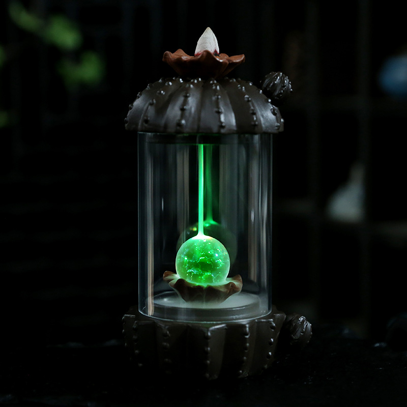 Purple Sand Windshield Backflow Incense Holder Creative Cactus LED Lamp Home Tea Room Aromatherapy Incense Burner Office Yoga Room Decoration