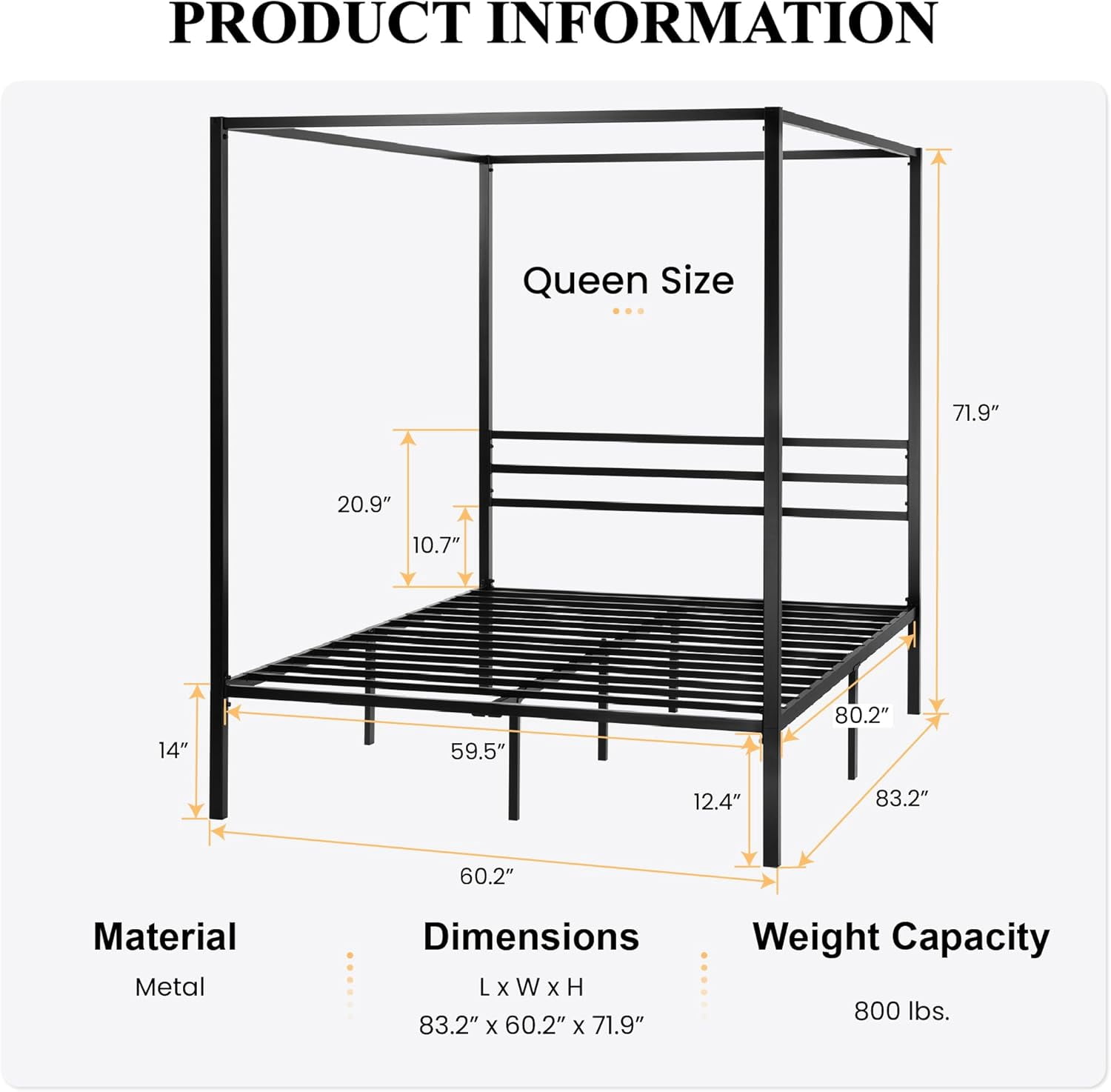SHA CERLIN Queen Size Canopy Bed Frame with Metal Slats Support, Black