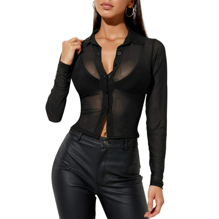 Women Mesh Button Shirt Sheer Mesh Cardigan Sexy See Through Top Long  Sleeve Crop Blouse Streetwear