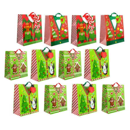 Christmas Gift Bags with Glitter, Large (12 Pack)