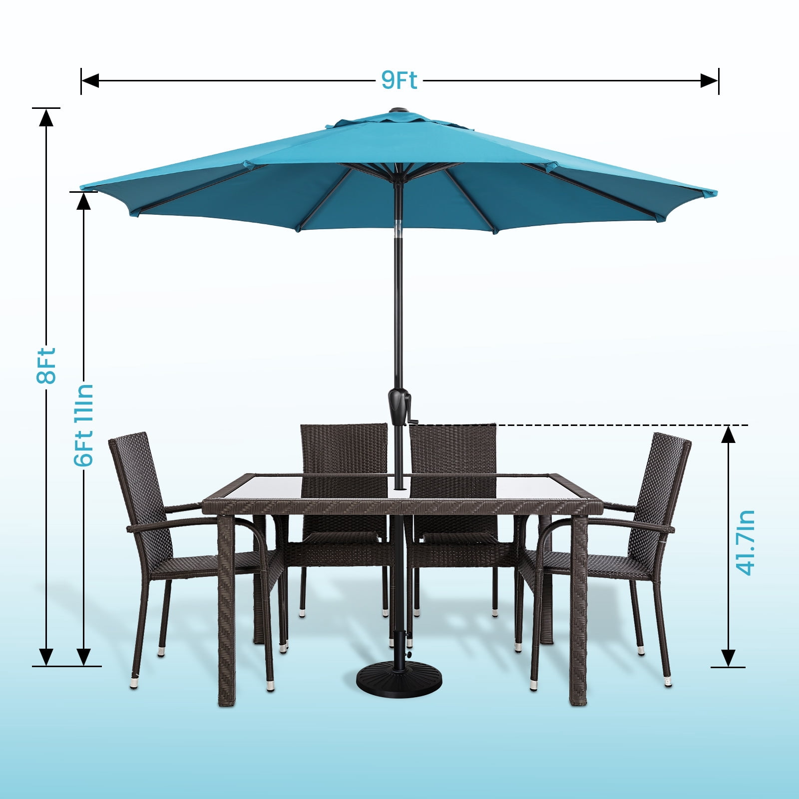 Sun-Ray 9 FT Patio Umbrella w/ Push Button Tilt and Crank Outdoor Umbrella, 8 Sturdy Ribs, UV Protection, Solution-Dyed Fabric, Teal