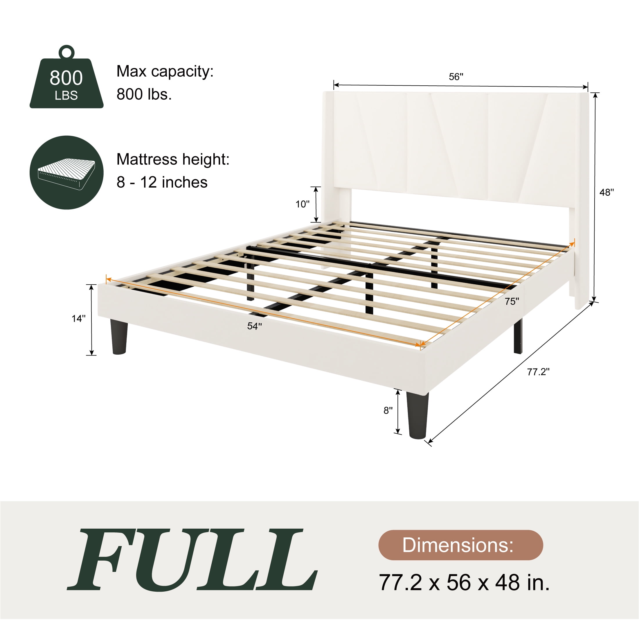 Amolife Full Bed Frame, Upholstered Platform Bed with Wingback and Geometric Headboard, Cream White
