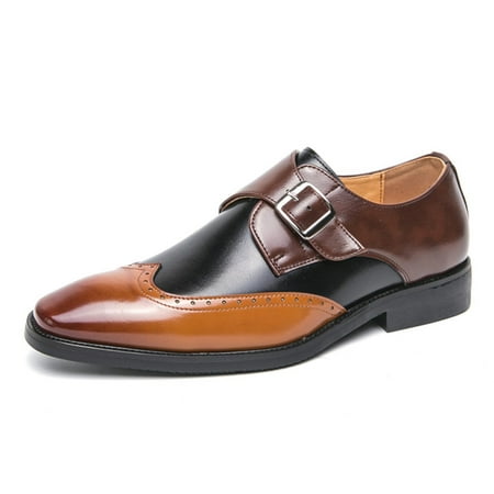 Men s Patchwork Leather Slip-On Brogues Oxford Shoes Fashion Wingtips Two Tone Monk Strap Chunky Heel Business Dress Loafer Round-Toe Lace up Low Top Formal Work Shoes