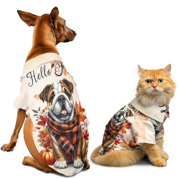 Hello Fall Bulldog Scarf Welcome Autumn with Leaves Pumpkins Hawaiian Summer Shirt for Small Medium Large Dog Cat Dog Lover Gifts Idea - 00011